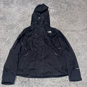North Face Black Purple Floral Hyvent Hooded Aucy Winter Rain Snow SKi Jacket L